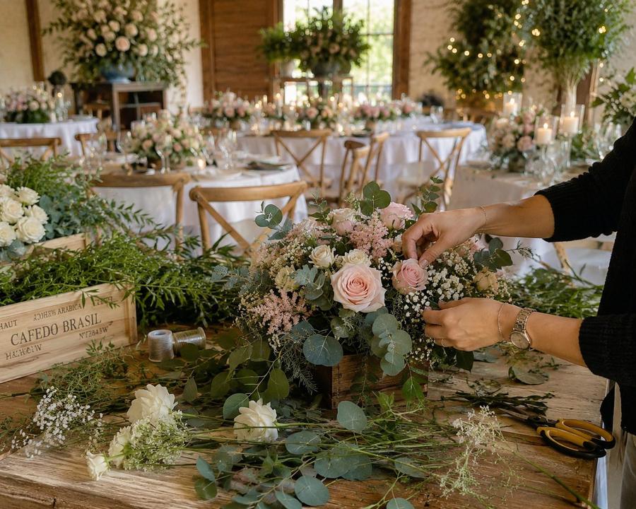 Preparando un centro de mesa para una boda en Floristería Andrea