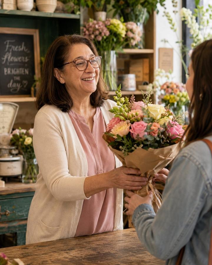 Carmen entregando un ramo a una clienta en Floristería Andrea