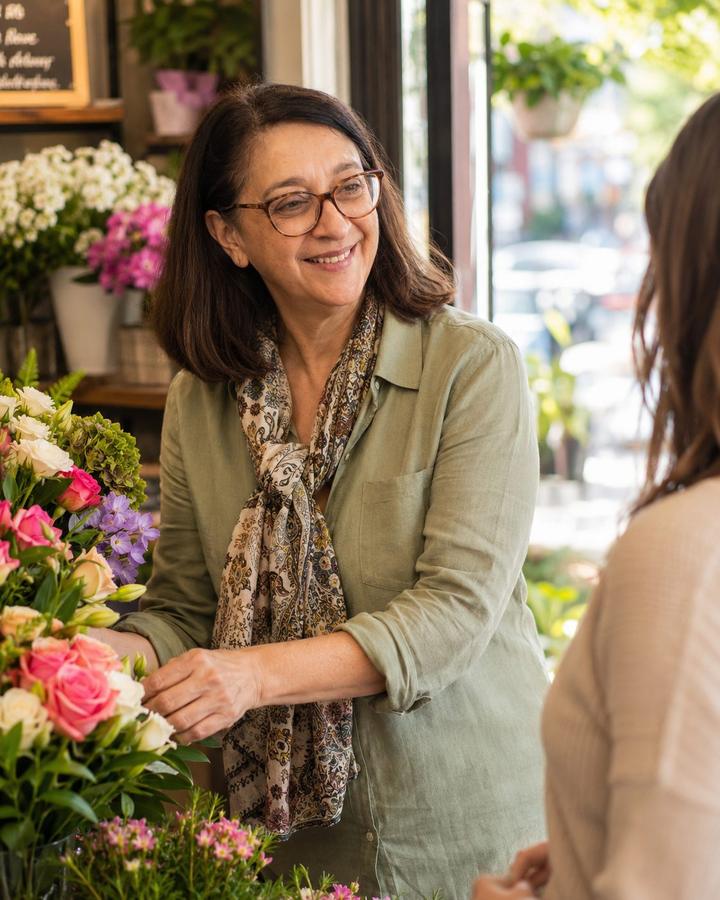 Carmen atendiendo a una clienta en el escaparate de Floristería Andrea