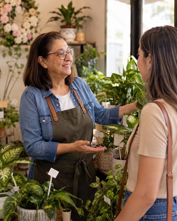 Carmen atendiendo a una clienta entre las plantas de Floristería Andrea