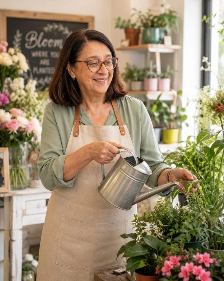 Carmen cuidando las plantas de Floristería Andrea, Salamanca