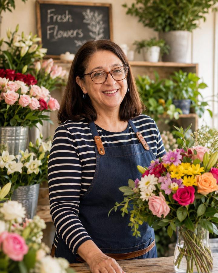 Carmen con un ramo de flores de colores en Floristería Andrea