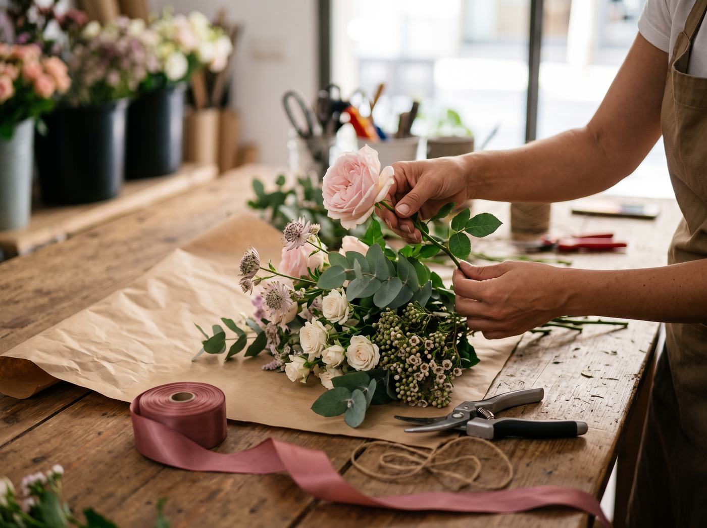 Preparando un ramo a mano en Floristería Andrea