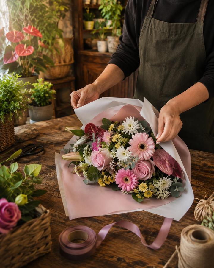 Envolviendo un ramo en Floristería Andrea, Salamanca