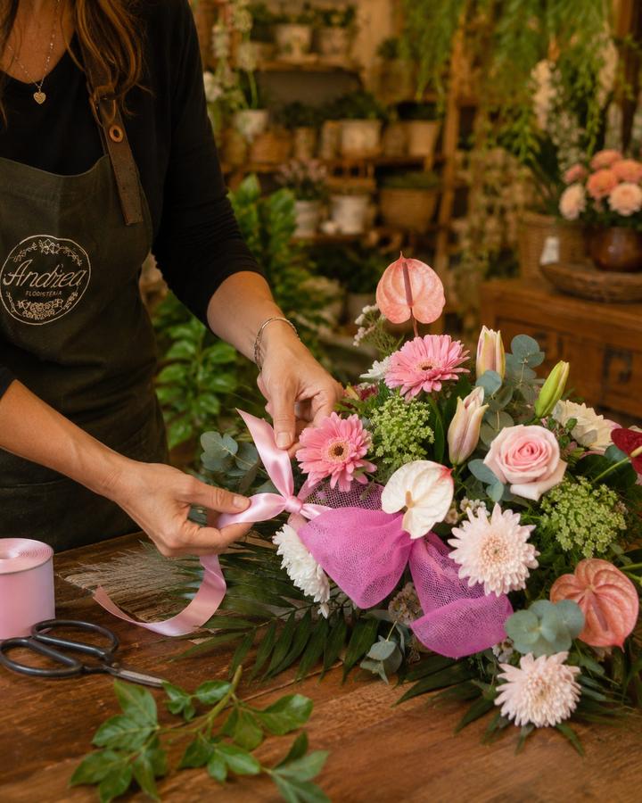 Preparando el lazo de un ramo en Floristería Andrea, Salamanca